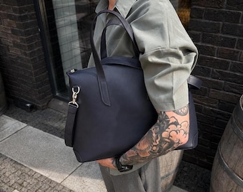 Deep Blue Leather Briefcase: Laptop Work Bag with Zipper, Men’s Executive Office Tote