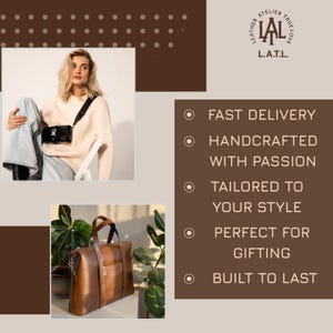 Puede incluir: La imagen muestra un bolso tote de cuero marr&oacute;n con asa superior y bolsillo delantero. Una mujer lleva un bolso bandolera negro. El texto dice "LAL Leather Atelier True Love" y destaca "Entrega r&aacute;pida, Hecho a mano con pasi&oacute;n, Adaptado a tu estilo, Perfecto para regalar, Construido para durar."