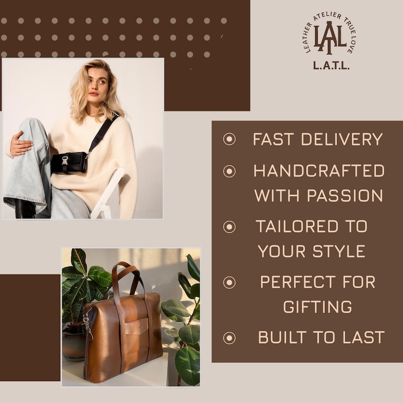 Puede incluir: La imagen muestra un bolso tote de cuero marr&oacute;n con asa superior y bolsillo delantero. Una mujer lleva un bolso bandolera negro. El texto dice "LAL Leather Atelier True Love" y destaca "Entrega r&aacute;pida, Hecho a mano con pasi&oacute;n, Adaptado a tu estilo, Perfecto para regalar, Construido para durar."