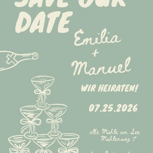 Carte Save the Date personnalisée – ludique et rétro | Carte de mariage numérique avec illustration de champagne | Invitation PDF conçue individuellement