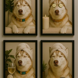 ハスキー犬のバスルームアート - （4個セット）ペット愛好家のための面白い犬の壁飾り