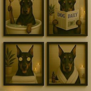 Doberman Bathroom Art - (Set of 4) Funny Dog Wall Decor for Pet Lovers