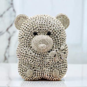 Handmade Sparkly Bear Diamond Clutch, Cute Evening Bag, Beaded Party Purse for Ladies, Bridal, Prom, Wedding Accessory, Perfect Gift for Her