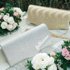 Personalized Name Clutch Purse, Handmade Custom Bridal Evening Bag, Glitter Monogram Handbag, Wedding Prom Party Accessory, Gift for Her