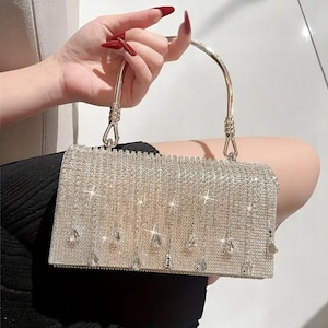 Silberne handgemachte Kristall-Clutch für Frauen, elegante Abendtasche, funkelnde Hochzeitstasche, Tropfeffekt-Handtasche, Geschenk für sie, formelle Partytasche