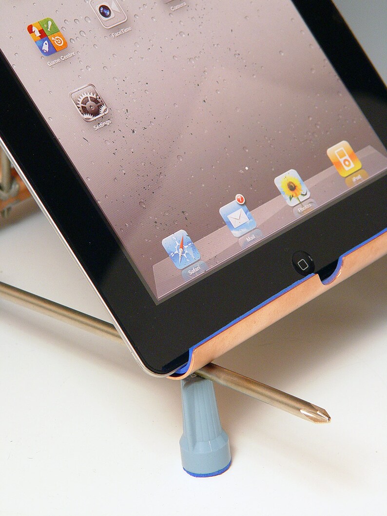 IPad stand with USB wall charger. Handmade from repurposed Etsy