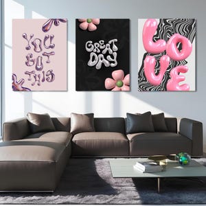 Imágenes digitales de arte con letras de burbujas / Arte mural femenino moderno / Descargas digitales fáciles / Conjunto de tres