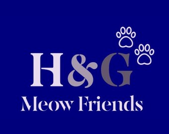 May include: A blue background with a white logo that says "H&G Meow Friends". The logo also includes two grey paw prints.