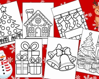 May include: A selection of Christmas-themed colouring pages, including a Christmas tree, gingerbread house, stockings, presents, bells, and a fireplace. A snowman and reindeer are also present. The images are outlined in black on a red background with white snowflakes.