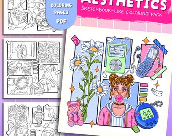 Aesthetics | Sketchbook-like Moodboard Coloring Pack | Printable Set of PDF Pages for Relaxation for Adults and Teens by Maple Hue