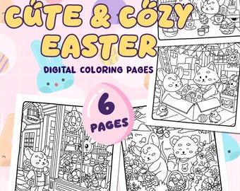 Easter Coloring Pages | Cute Animals & Cozy Scenes – Printable PDF Set of 6 Hand-Drawn Pages from Spring Days coloring book by Maple Hue