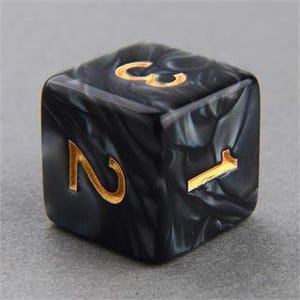 May include: A close-up of a six-sided die with a marbled black and white pattern. The die has gold-coloured numbers. The number 2 is visible on one side, and the number 1 is visible on another side.