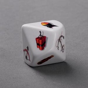 May include: A white die featuring illustrations of a bow and arrow, dynamite, a bird, a crossbow, and a cigar. The die is set against a grey background. The images are in red, black, and brown.