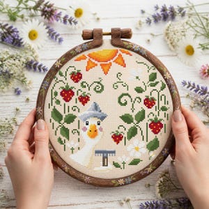 Strawberry harvest - Goose in strawberries Gardener Duck with a rake Cross Stitch Pattern Cute Cross Stitch Pattern, Funny Cross Stitch
