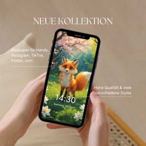 Tapeta na smartfon z motywem wiosennego lisa – z różowym kwitnącym drzewem i kwiatami, cyfrowa sztuka natury, #WP31
