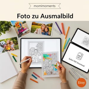 Puede incluir: Una persona coloreando un retrato familiar con lápices de colores. La imagen incluye una tableta con un icono de descarga PDF, fotos y el texto "Foto zu Ausmalbild" y "momimoments". El logo de Etsy es visible.