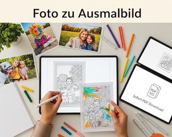 Op de afbeelding: Een persoon kleurt een familieportret met kleurpotloden. De afbeelding bevat een tablet met een PDF-downloadpictogram, foto's en de tekst "Foto zu Ausmalbild" en "momimoments". Het Etsy-logo is zichtbaar.