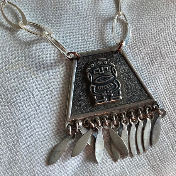 1800s Peruvian Pre Colombian Sterling Inca Deity Fringe Pendant