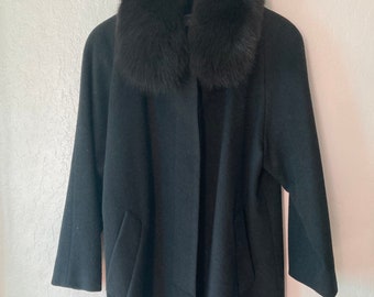 Increíble vintage de la década de 1970 lana negra tinta y fox deadstock abrigo de columpio de invierno totalmente forrado