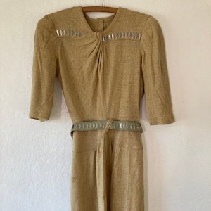 1940s Spaceship Zardoz Gathered Asymmetrical Neckline Silver Almond Stud Dress with Studded Belt