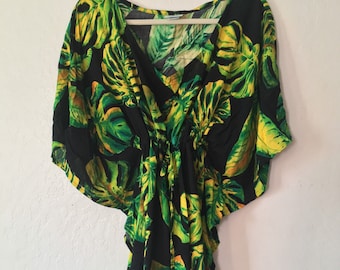 1980s Neon Banana Leaf Coverup Dress