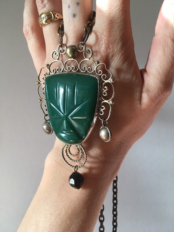 1950s Giant Sterling & Bakelite Carved Aztec Maya… - image 3