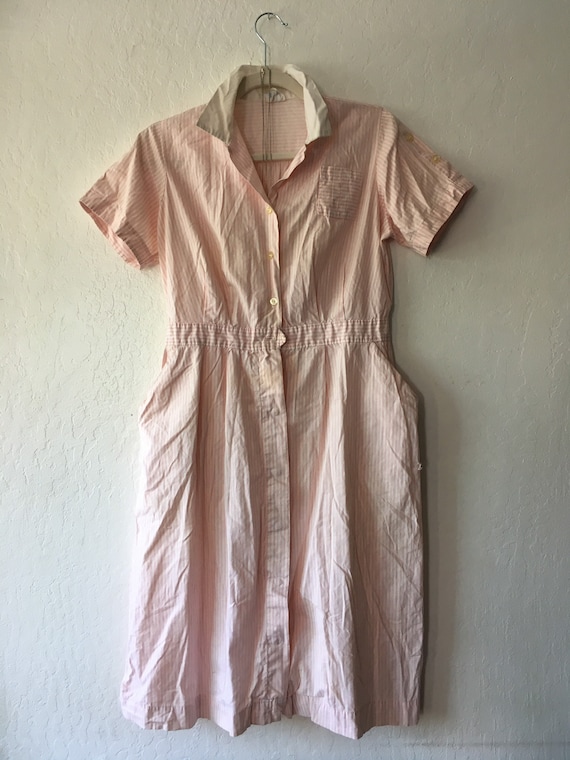 1940s Candy Striper Pastel Pink Striped Pocket Day