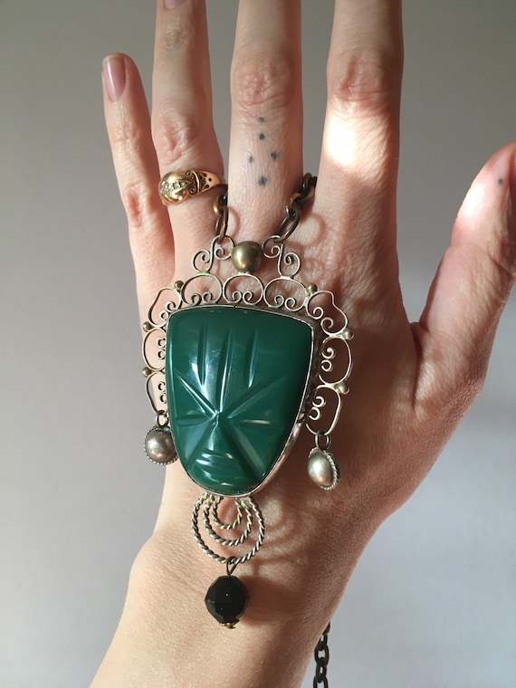 1950s Giant Sterling & Bakelite Carved Aztec Maya… - image 1