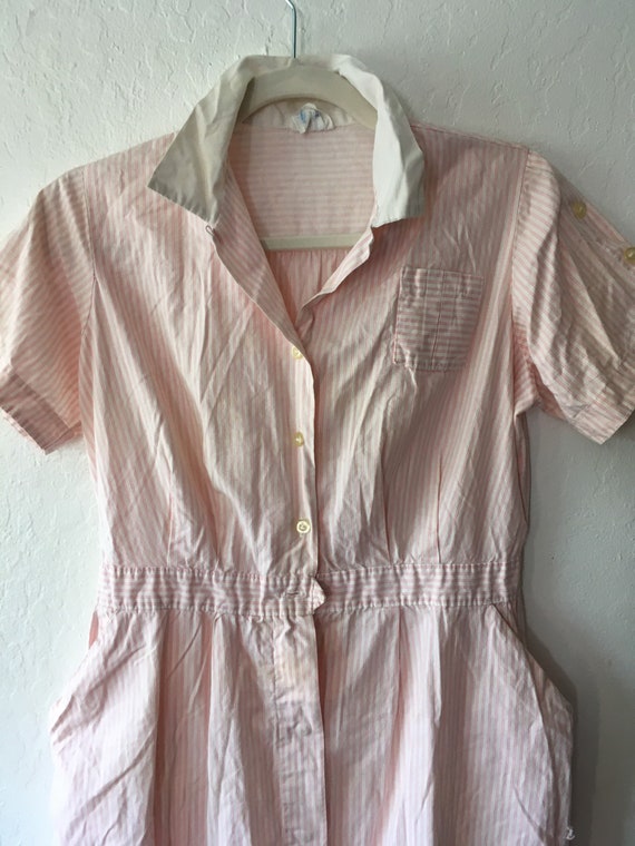 1940s Candy Striper Pastel Pink Striped Pocket Da… - image 2