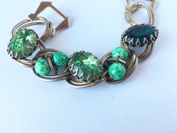 1960s Emerald Green Faceted Glass Chain Link Brac… - image 3