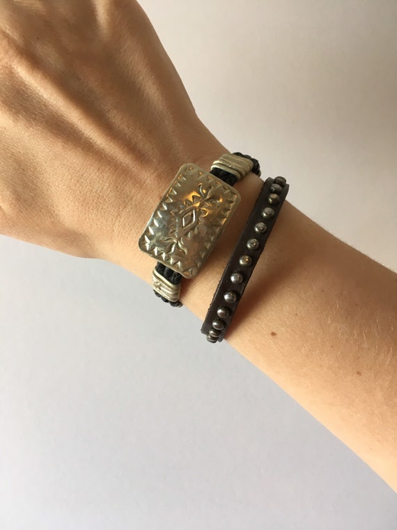 1970s Stamped Silver Plate Genuine Leather Bracele