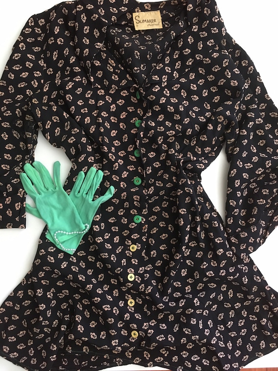 1940s Slimaker Original Floral Day Dress with Gree