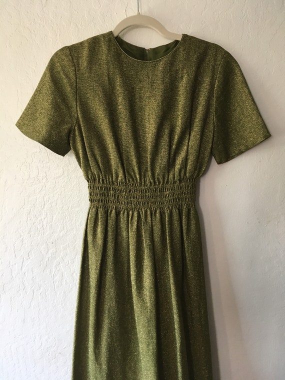 1960s Metallic Olive Lurex Cinched Maxi Dress - image 1