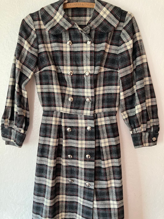 1940s Black Red & White Plaid Handmade Wool Winte… - image 2