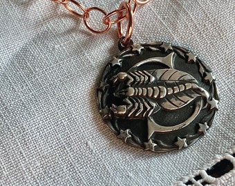 1970s Sterling Silver Scorpio Scorpion Zodiac Horoscope Astrological Pendant Necklace on Copper Chain