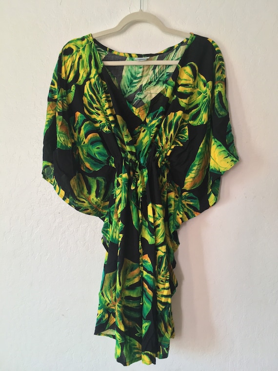 1980s Neon Banana Leaf Coverup Dress