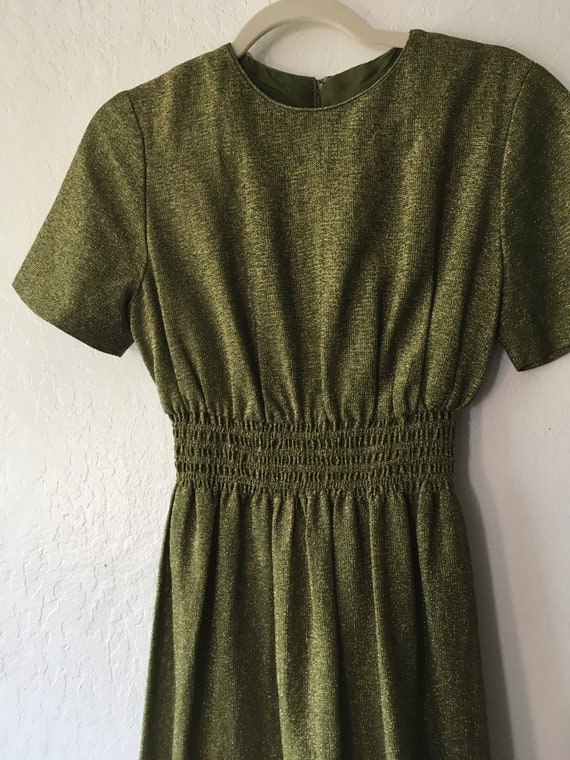1960s Metallic Olive Lurex Cinched Maxi Dress - image 5