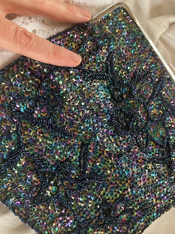 1960s Sequin and Bead Aurora Borealis Inky Black … - image 2