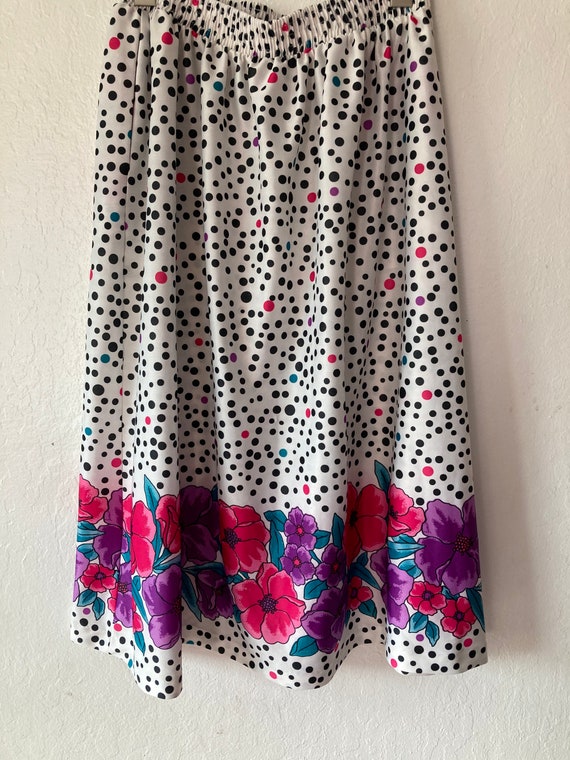 1980s Flowered Fizzy Dots Silky Midi Skirt - image 5