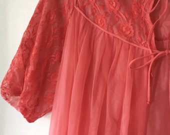 1960s Nectarine Strawberry Chiffon & Lace Babydoll
