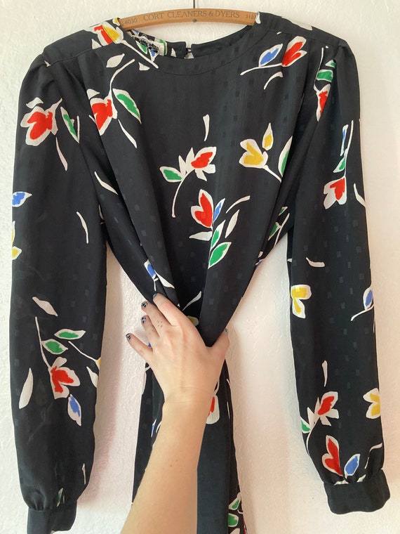 1980s Embossed Silky Black Floral Midi Dress
