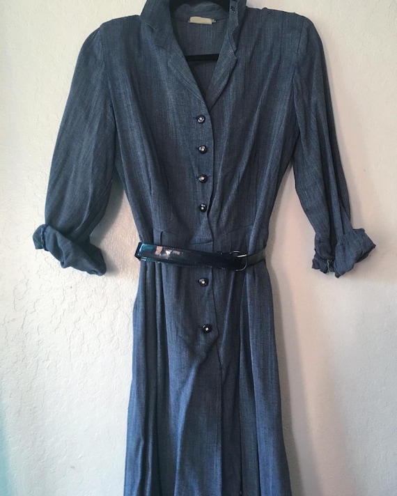 1940s Denim Blue Rayon Chambray Day Dress