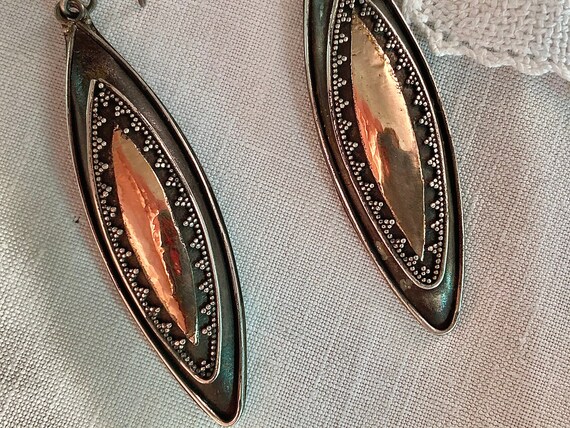 1920s Art Deco Fred Harvey Era Sterling & Brass Etched Almond Earrings