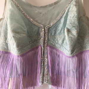 1980s Glitterati Pastel Baby Blue Sequin Longline Fringe Bra