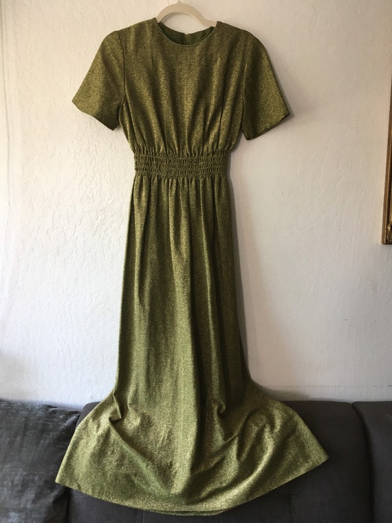1960s Metallic Olive Lurex Cinched Maxi Dress - image 2