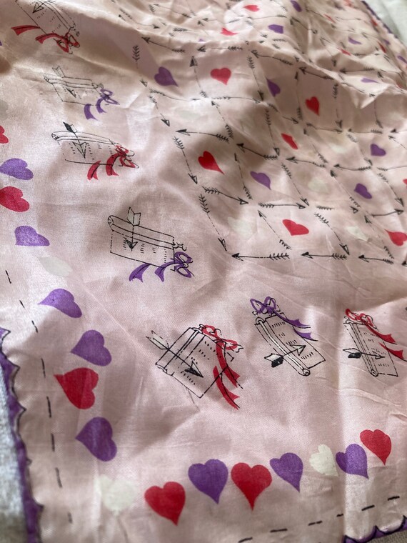 1940s Hand Rolled Valentines French Novelty Love Print Silk Screened Bows Hearts Arrows Letterbox Silk Scarf