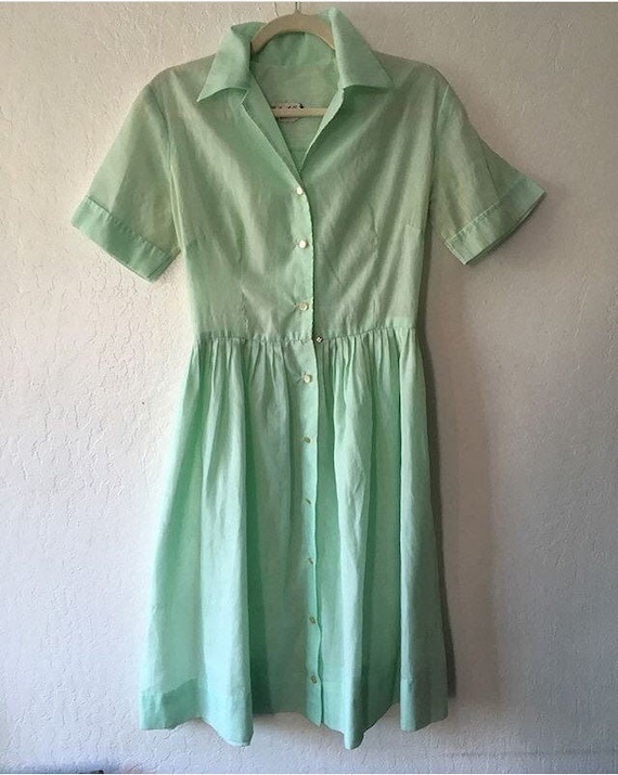 1960s Pastel Green Embroidered Cotton Day Dress