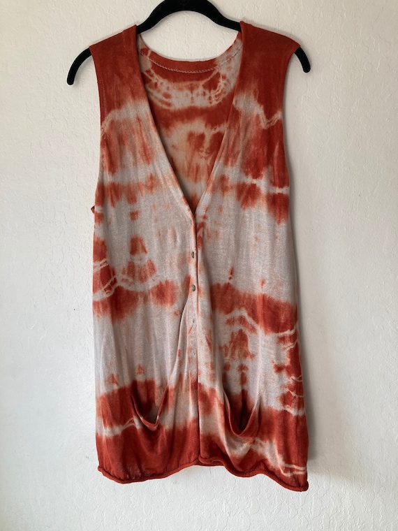 1990s Brunhilda Orange Rust Tie Dye Linen Knit Ve… - image 1