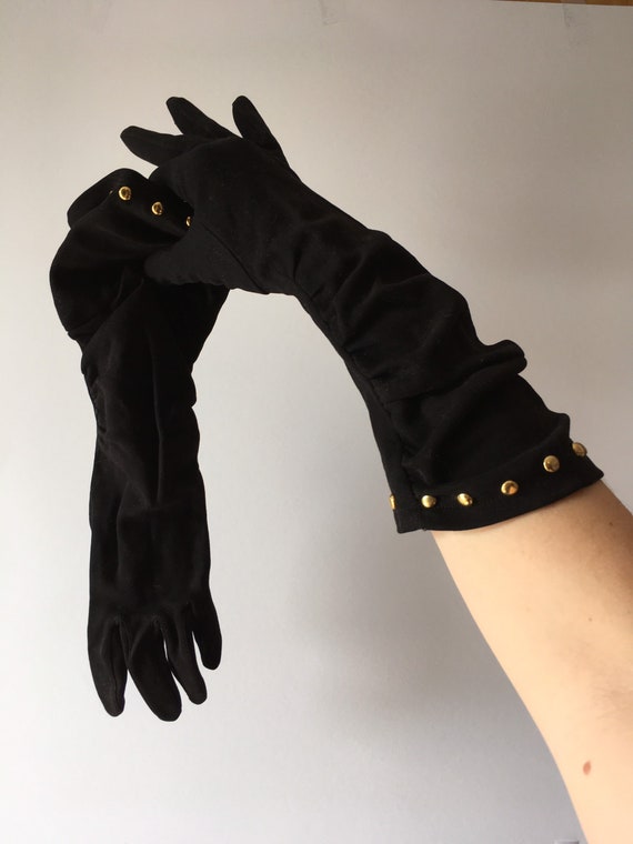 1950s Inky Black Studded Ruched Opera Gloves
