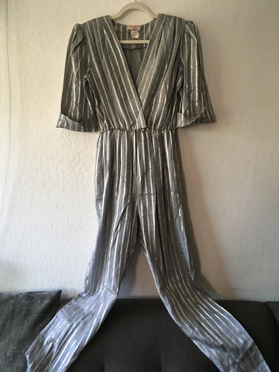 1970s Studio 54 Metallic Silver Striped Jumpsuit